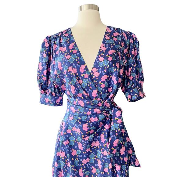 MARC JACOBS Silk Wrap Dress Half Puff Sleeves Belted Floral Blue Pink V-Neck 6 - Picture 5 of 10
